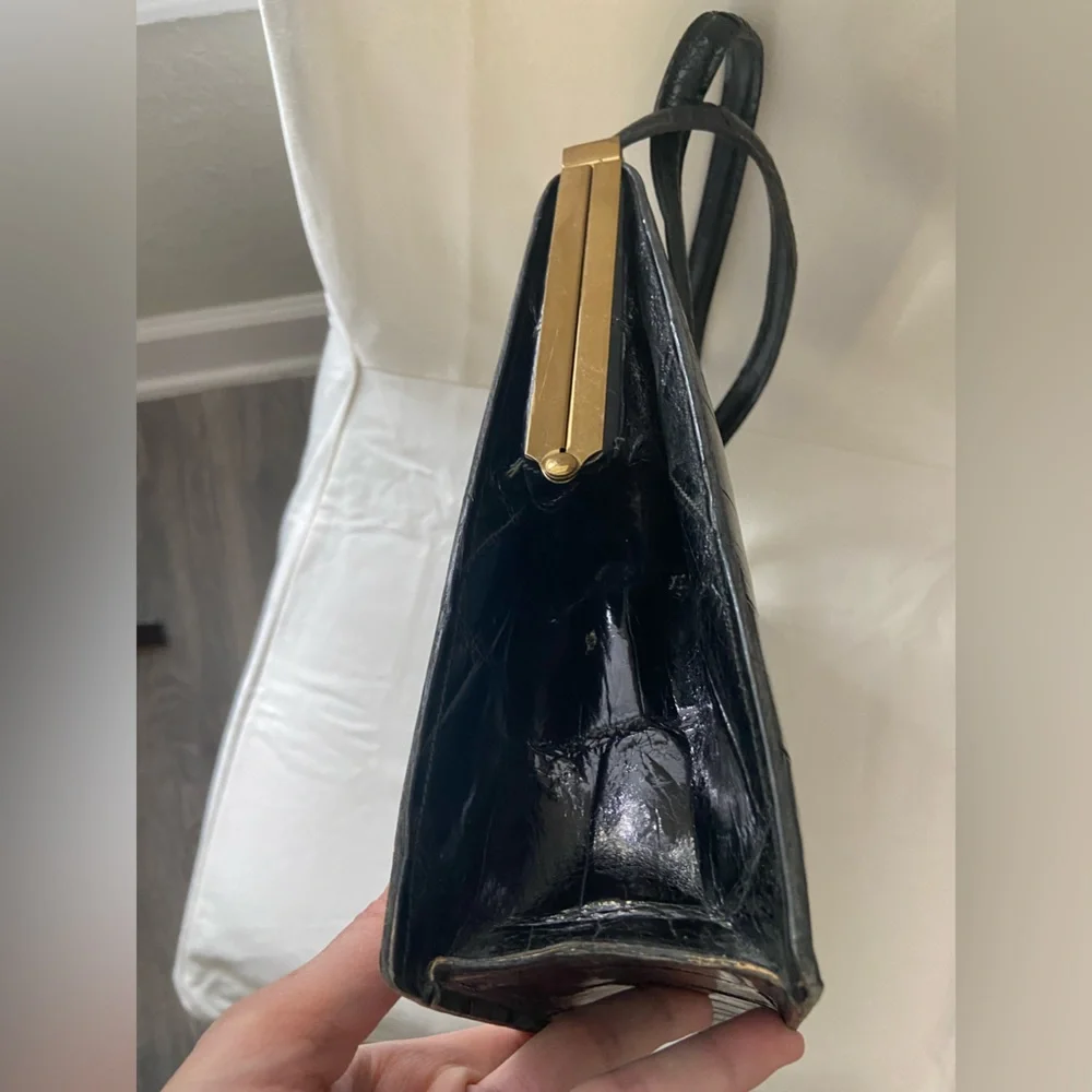 Vintage Deauville Black Crocodile Skin Leather Handbag With Two Handles - Picture 11 of 16